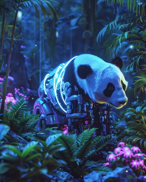 Free Photo view of half robot half panda bear with futuristic parts