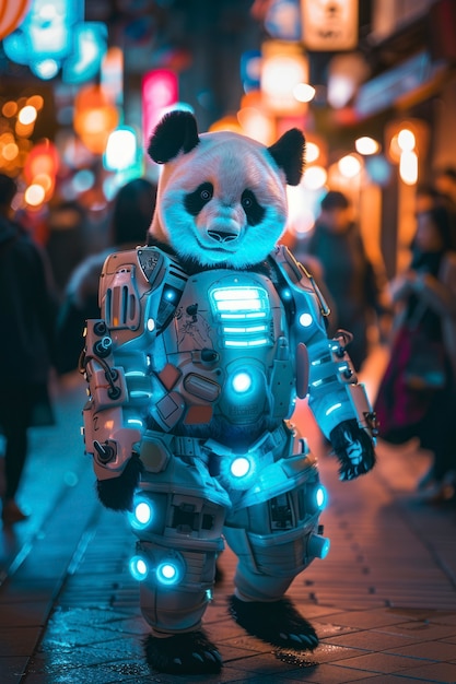 Free photo view of half robot half panda bear with futuristic parts