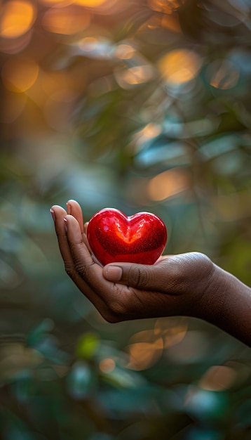 View of hand holding red heart symbolizing affection and feelings