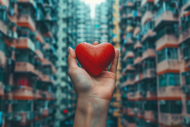 View of hand holding red heart symbolizing affection and feelings