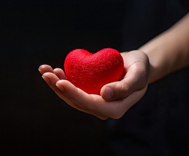 Free photo view of hand holding red heart symbolizing affection and feelings