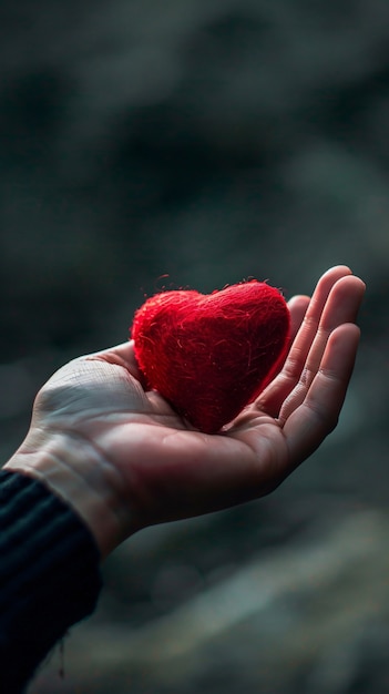 Free photo view of hand holding red heart symbolizing affection and feelings