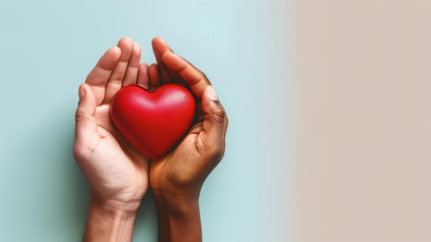 View of hands holding red heart to represent affection