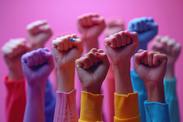 Free photo view of hands with fists up for womens day celebration