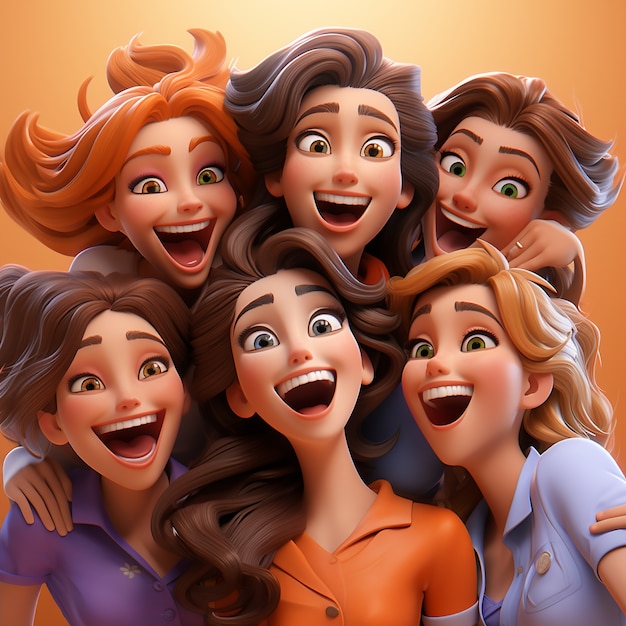 View of happy 3d women with mouths open