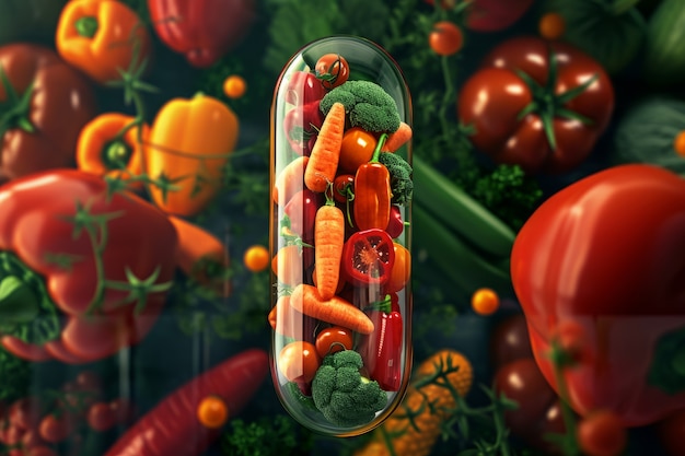 Free photo view of healthy food incased in pill shaped container