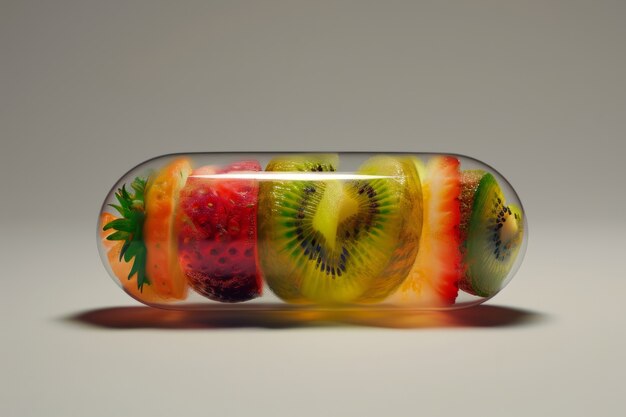 View of healthy food incased in pill shaped container