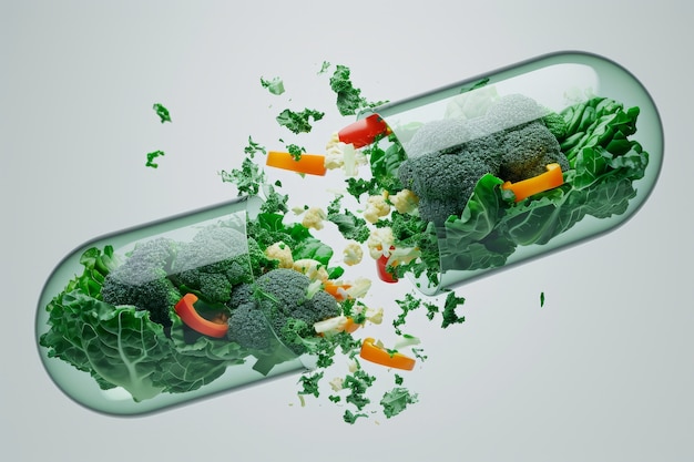 View of healthy food incased in pill shaped container