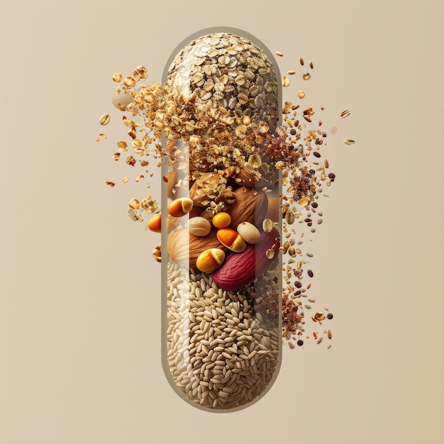 View of healthy food incased in pill shaped container