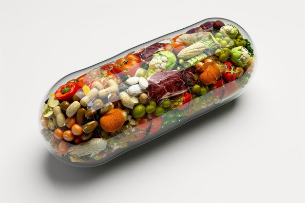 View of healthy food incased in pill shaped container