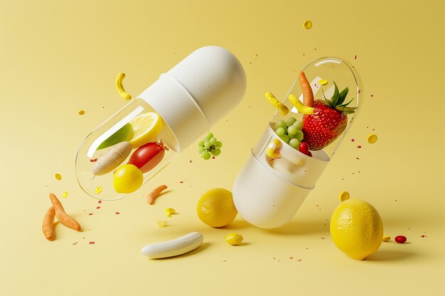 View of healthy food incased in pill shaped container