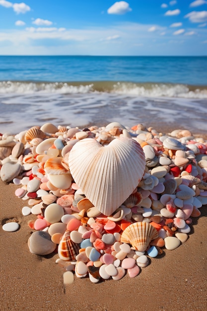 Free photo view of heart shape from shell on beach