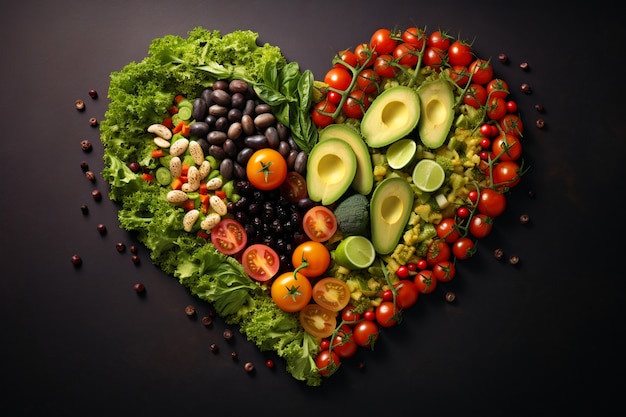 View of heart shape with assortment of food categories