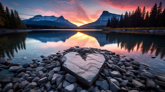 Free photo view of heart shape with mountains and lake landscape