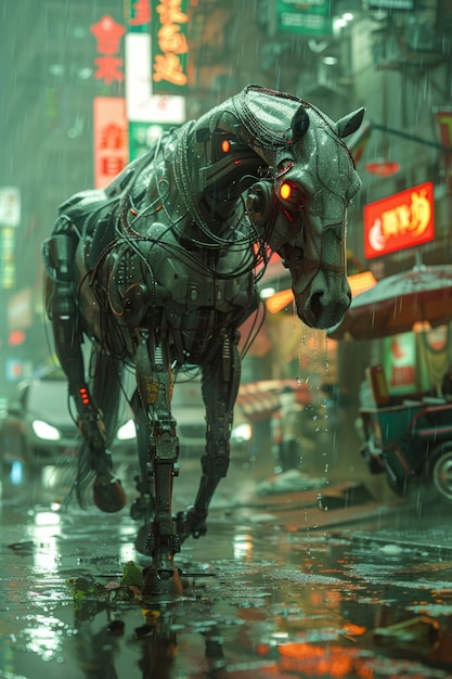 View of horse with mechanical and robotic parts in futuristic style