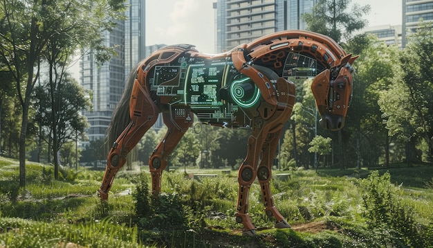 View of horse with mechanical and robotic parts in futuristic style