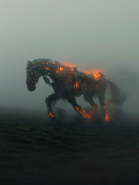 View of horse with mechanical and robotic parts in futuristic style