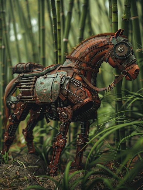 View of horse with mechanical and robotic parts in futuristic style