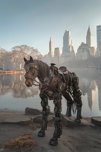 View of horse with mechanical and robotic parts in futuristic style