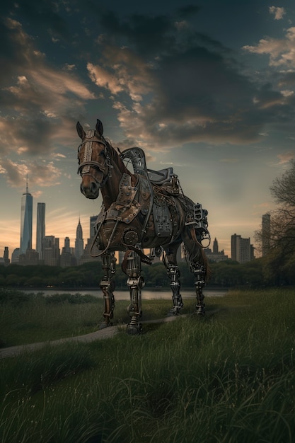 View of horse with mechanical and robotic parts in futuristic style