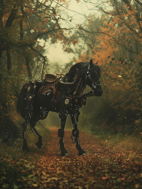 View of horse with mechanical and robotic parts in futuristic style