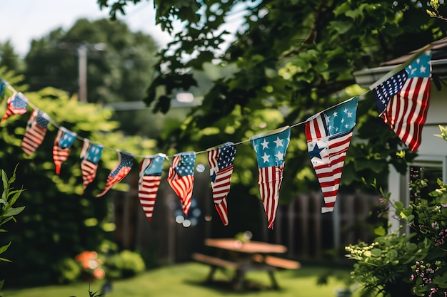 Free photo view of house decorated with american flag colors ornaments for independence day celebration