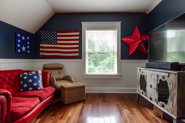 Free photo view of house decorated with american flag colors ornaments for independence day celebration