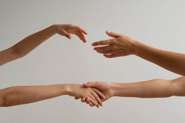 View of human hands against clear background