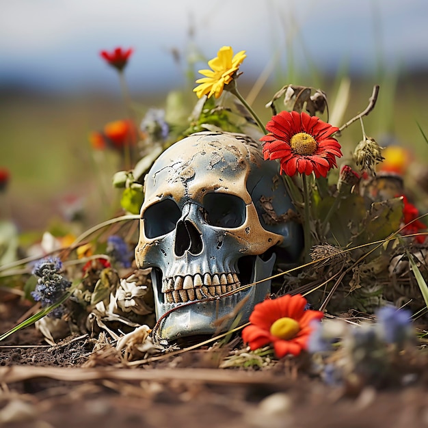 Free Photo view of human skeleton skull with flowers