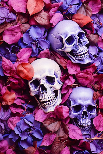 Free photo view of human skeleton skull with flowers