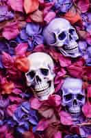 Free photo view of human skeleton skull with flowers