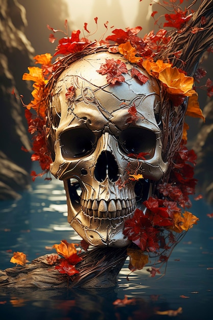 Free Photo view of human skeleton skull with flowers