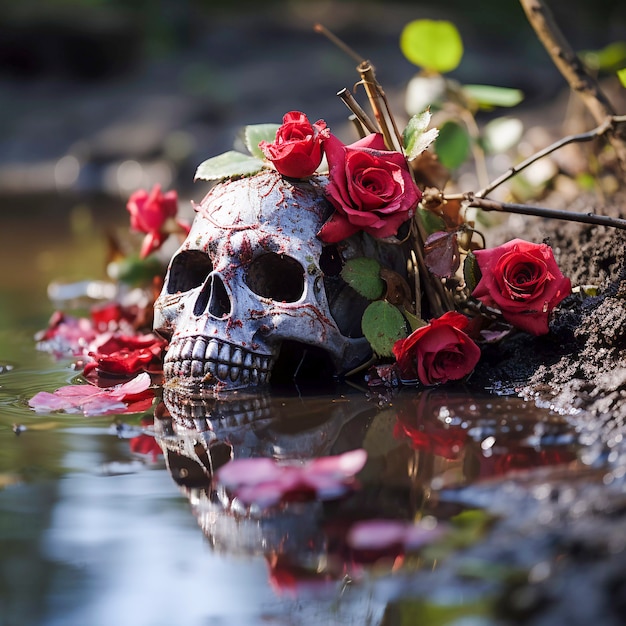 View of human skeleton skull with flowers