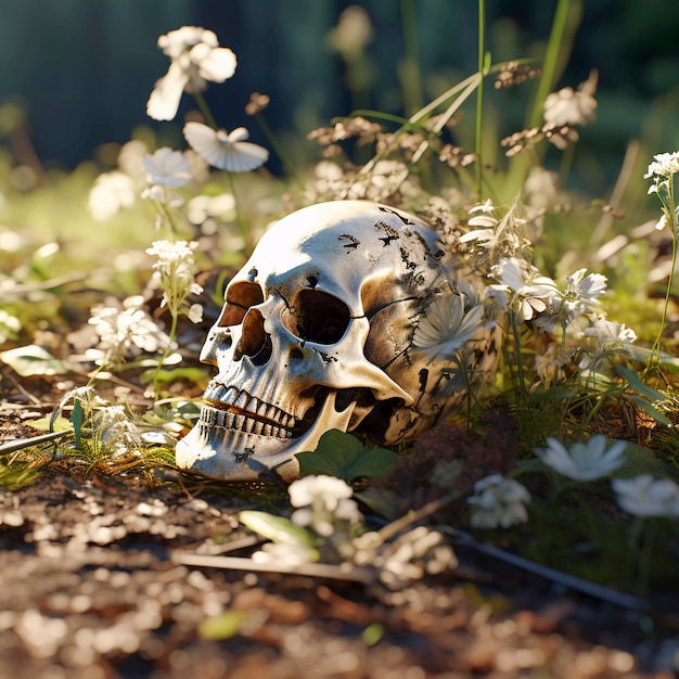 Free Photo view of human skeleton skull with flowers