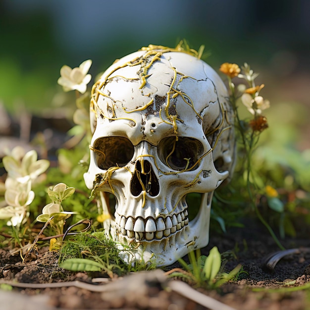 Free photo view of human skeleton skull with flowers