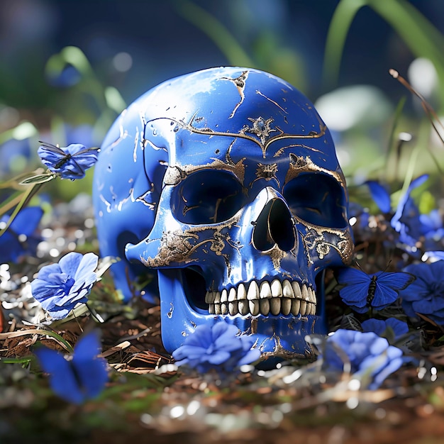 Free photo view of human skeleton skull with flowers