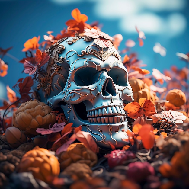 Free photo view of human skeleton skull with flowers