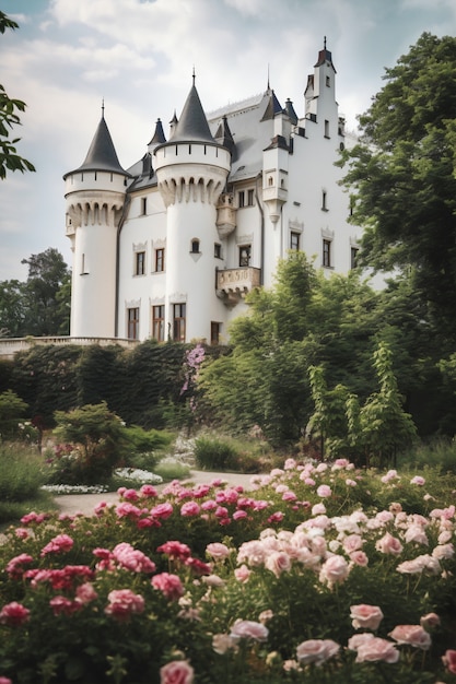 Free photo view of imposing castle with natural landscape