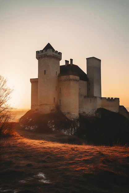 Free photo view of imposing castle with natural landscape