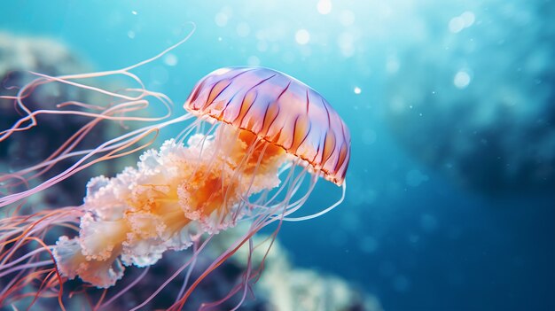 View of jellyfish swimming in water with copy space