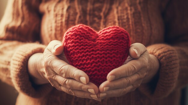 View of knitted heart held by person in hands