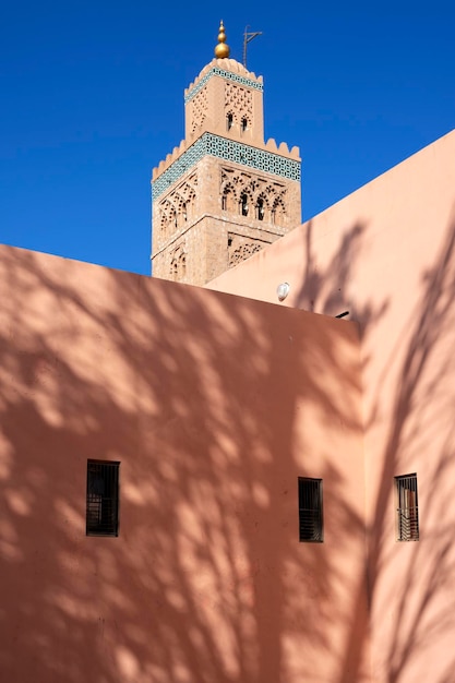 View of Koutoubia mosque with blue sky Marrakech