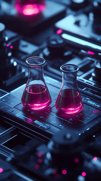 Free photo view of laboratory equipment in neon lights