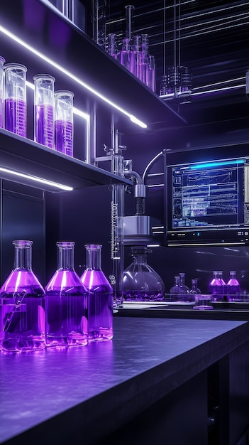 Free Photo view of laboratory equipment in neon lights