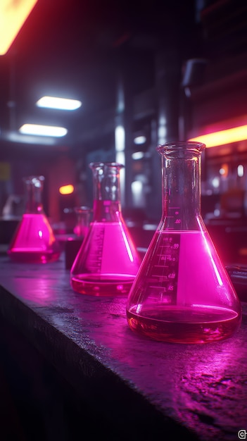 Free photo view of laboratory equipment in neon lights