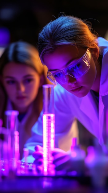 View of laboratory equipment in neon lights