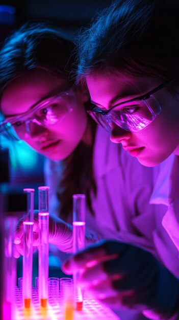 View of laboratory equipment in neon lights