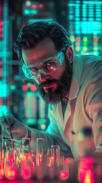 Free photo view of laboratory equipment in neon lights