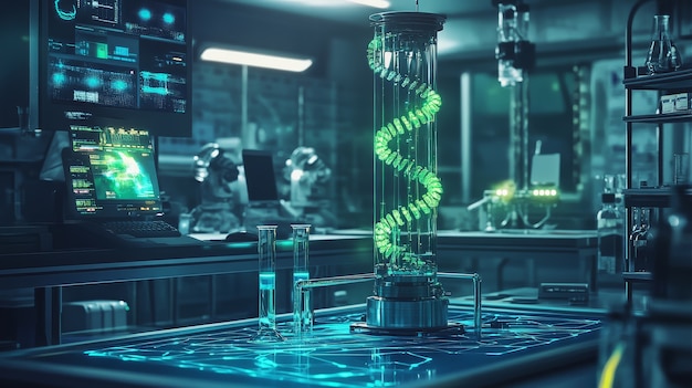 Free photo view of laboratory equipment in neon lights