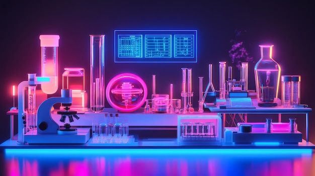 Free Photo view of laboratory equipment in neon lights